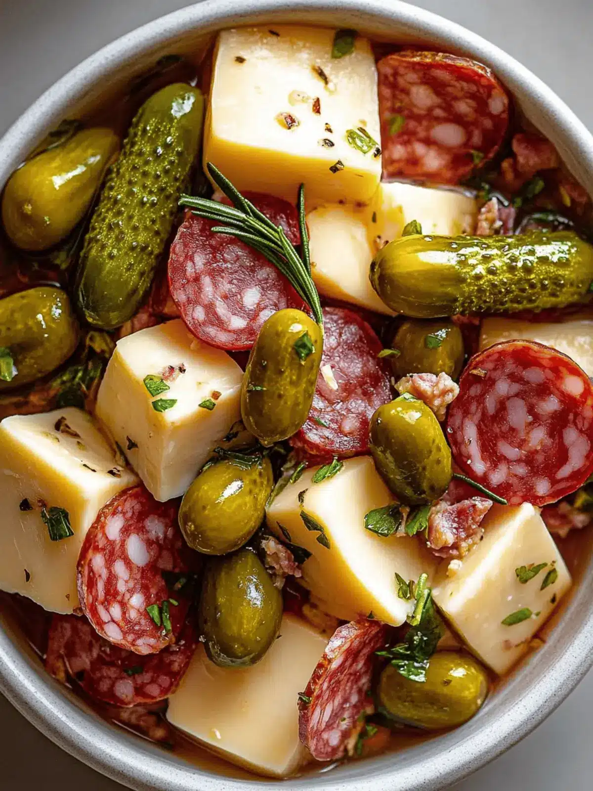 Indulge in Marinated Cheese Appetizer with Salami & Pickles 3 Marinated Cheese Appetizer with Salami & Pickles
