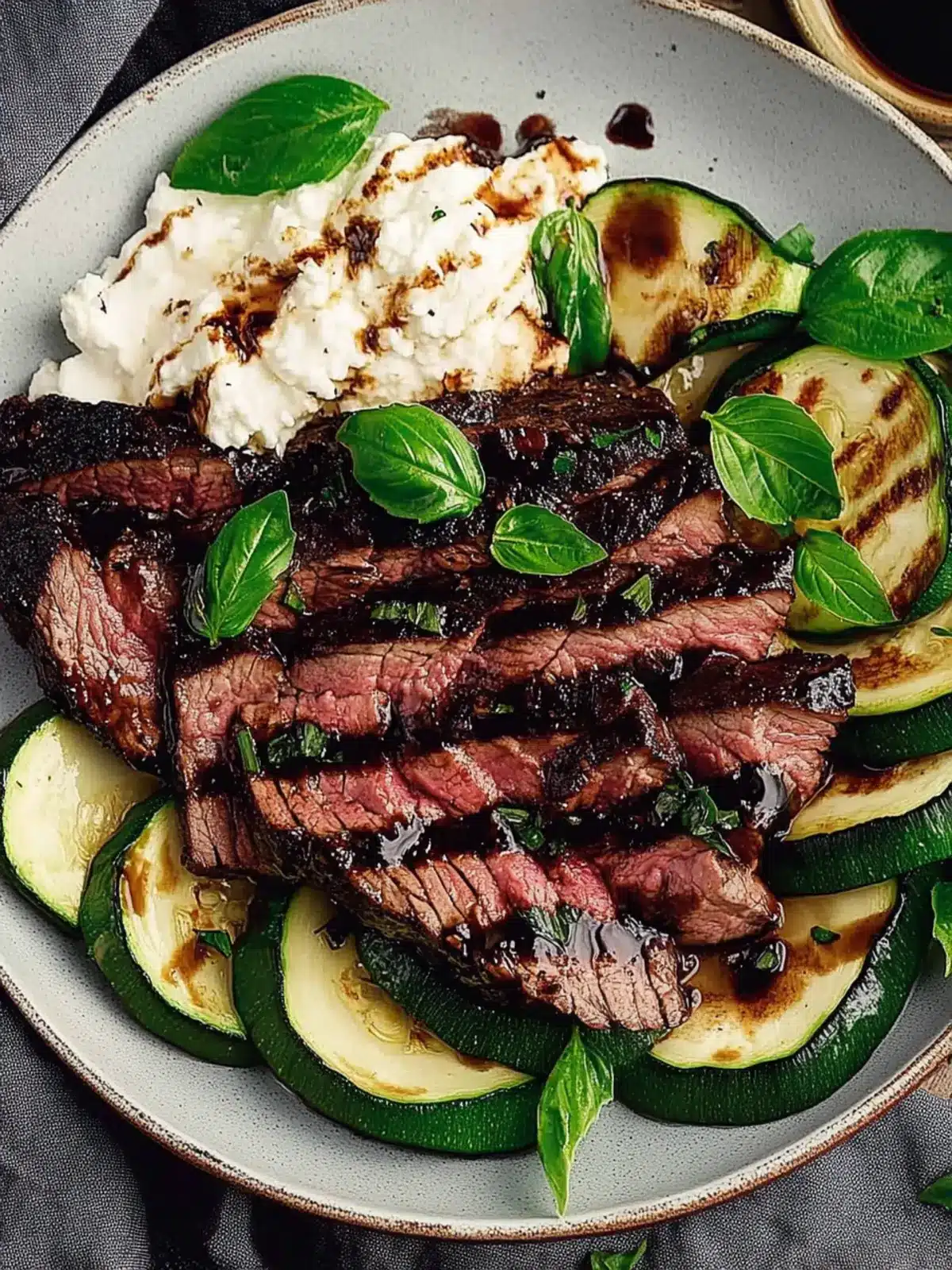 Savor Balsamic Flank Steak with Zucchini and Whipped Feta 4 Balsamic Flank Steak with Zucchini and Whipped Feta