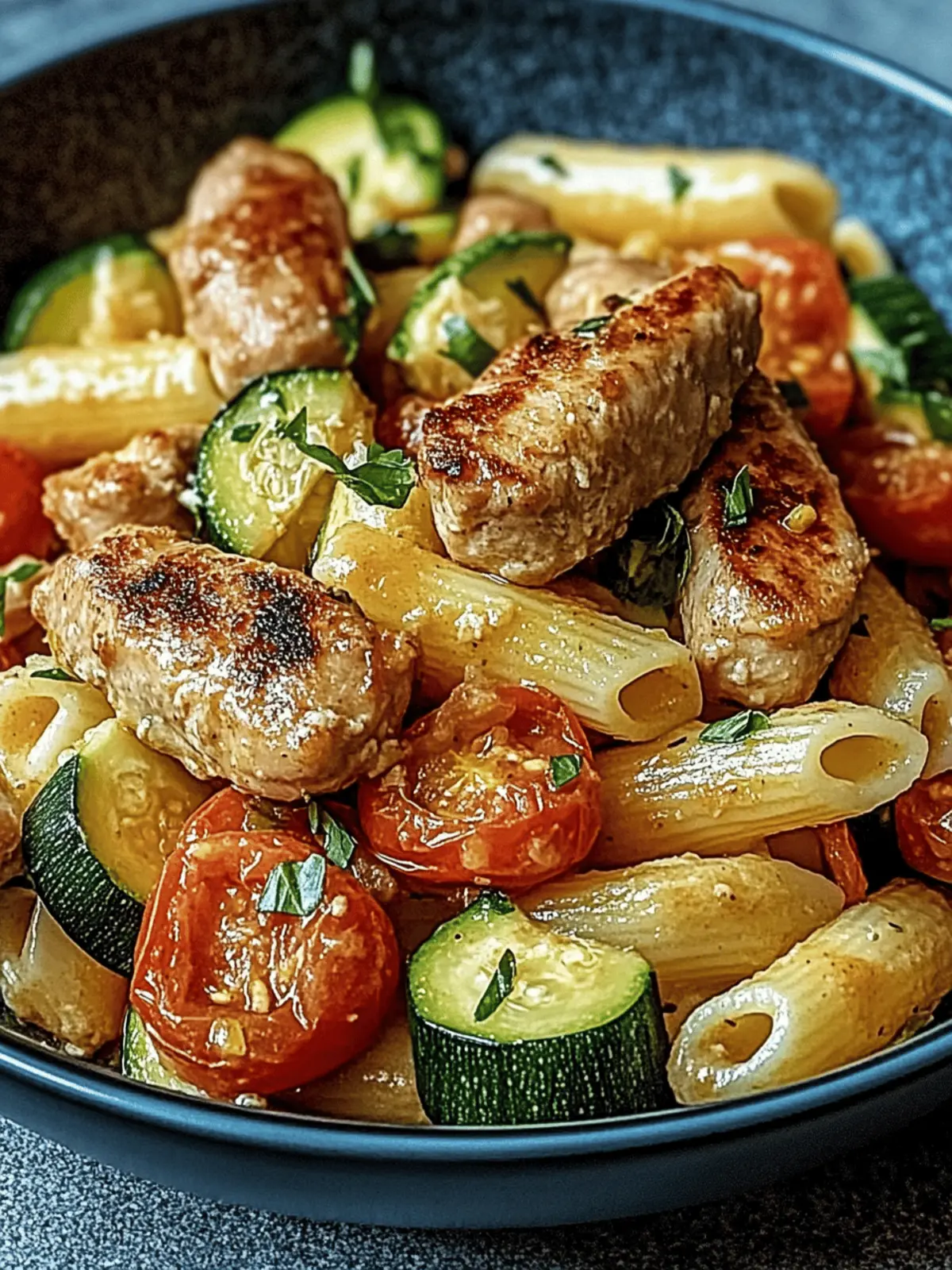 Easy Chicken Sausages with Zucchini, Tomatoes, and Pasta Bliss 2 Chicken Sausages with Zucchini, Tomatoes, and Pasta