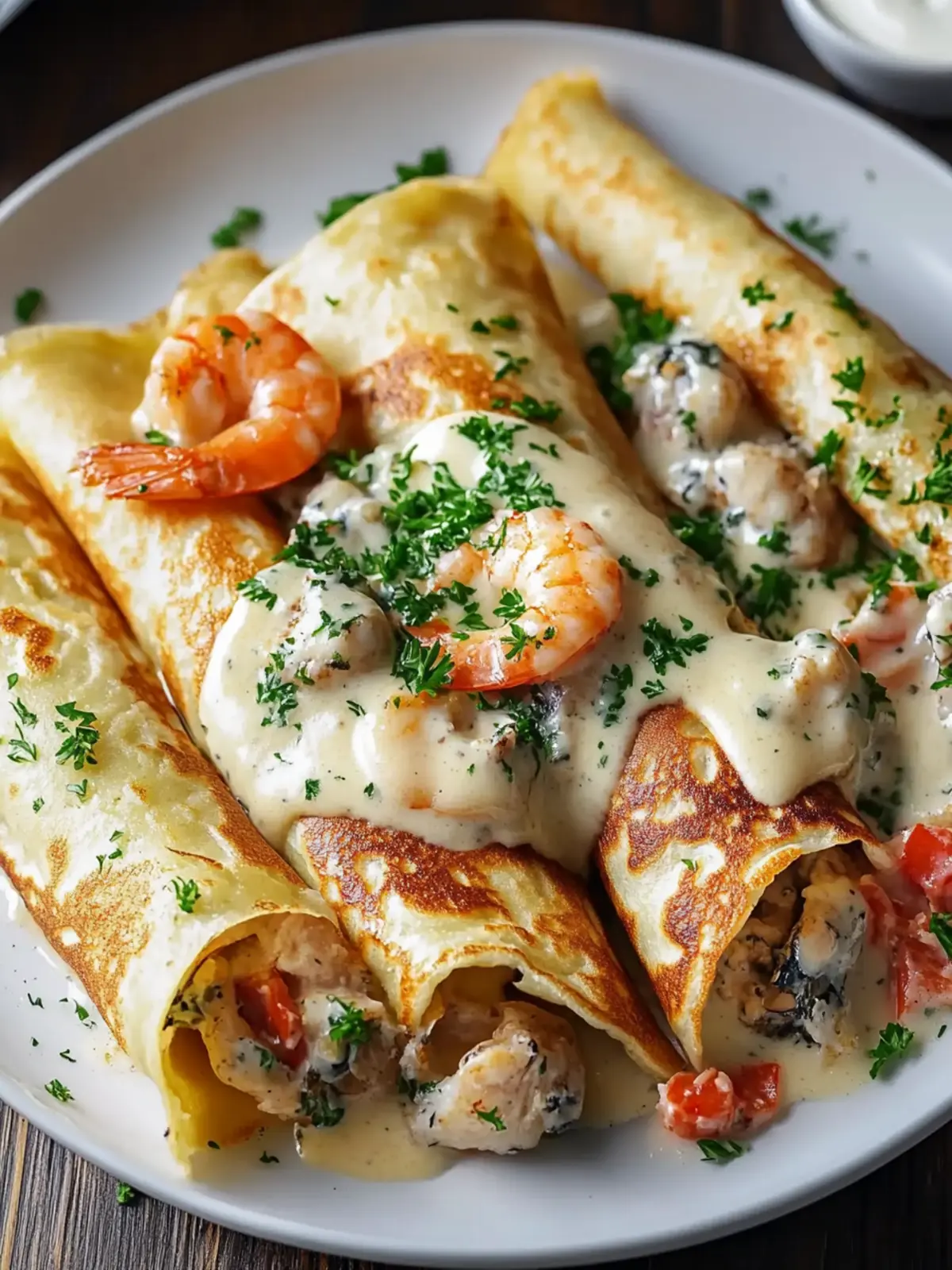 Indulge in Seafood Crepes with B chamel Sauce Delight 3 Seafood Crepes with B chamel Sauce