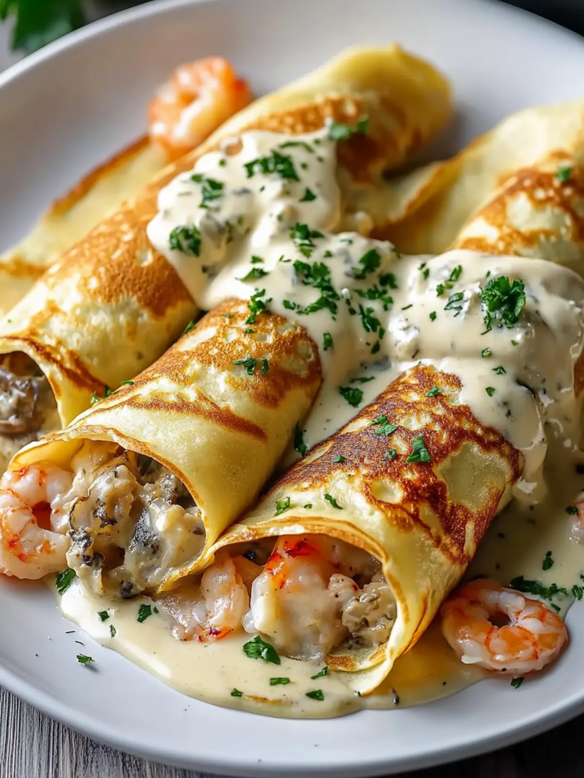 Indulge in Seafood Crepes with B chamel Sauce Delight 4 Seafood Crepes with B chamel Sauce