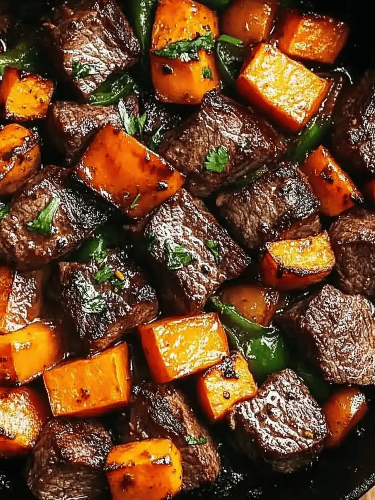 Savor Juicy Steak Bites with Sweet Potatoes and Peppers 2 Steak Bites with Sweet Potatoes and Peppers
