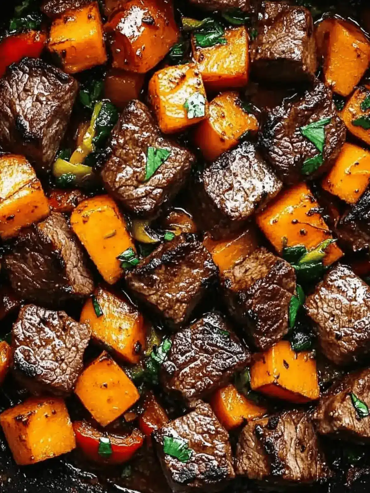 Savor Juicy Steak Bites with Sweet Potatoes and Peppers 3 Steak Bites with Sweet Potatoes and Peppers