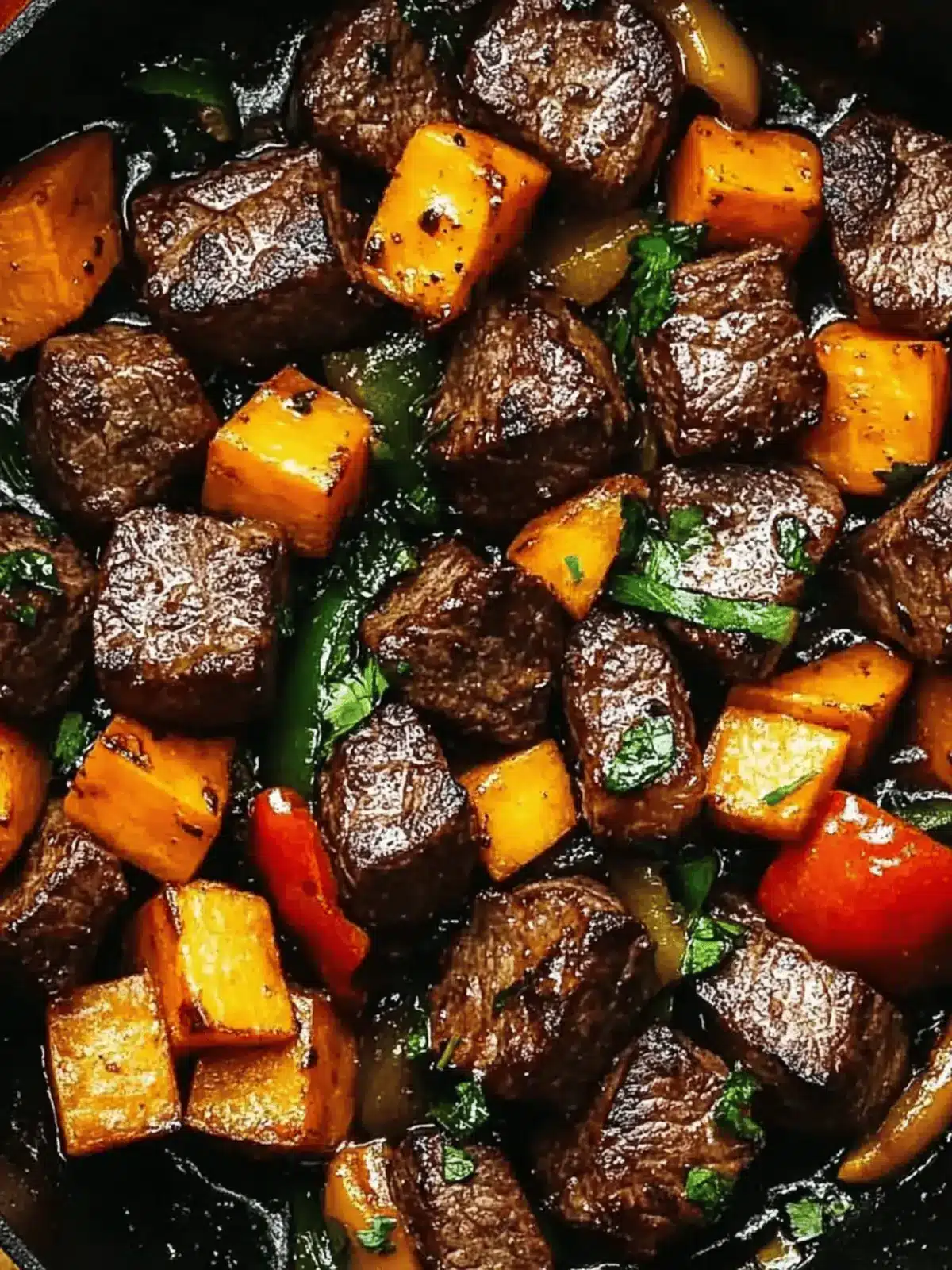 Savor Juicy Steak Bites with Sweet Potatoes and Peppers 4 Steak Bites with Sweet Potatoes and Peppers